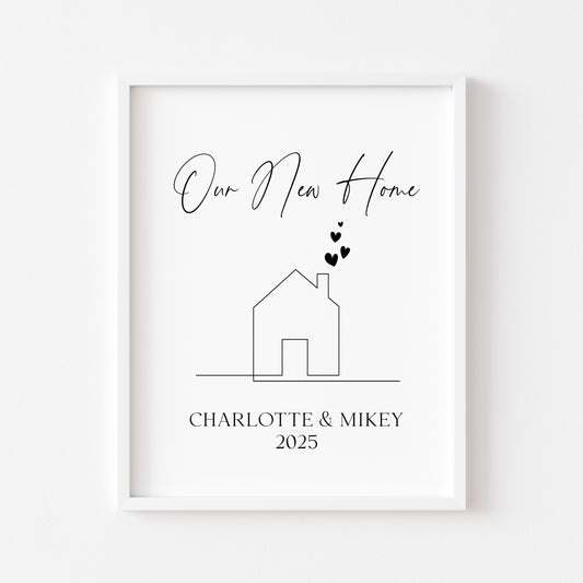 Personalised First / New Home Print New House line hearts Gift, Wall Art (unframed)