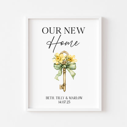 Personalised First / New Home Print Floral key New House Gift, Wall Art (unframed)