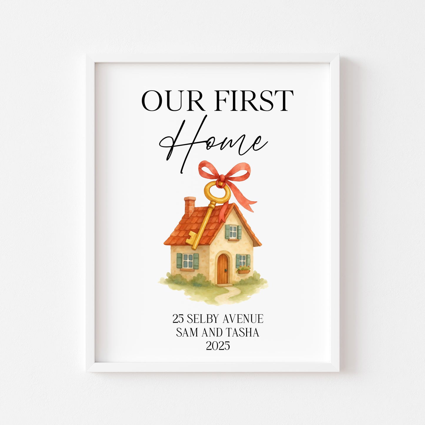 Personalised First / New Home Print red ribbon key New House Gift, Wall Art (unframed)