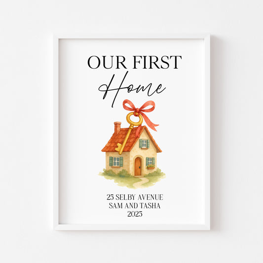 Personalised First / New Home Print red ribbon key New House Gift, Wall Art (unframed)