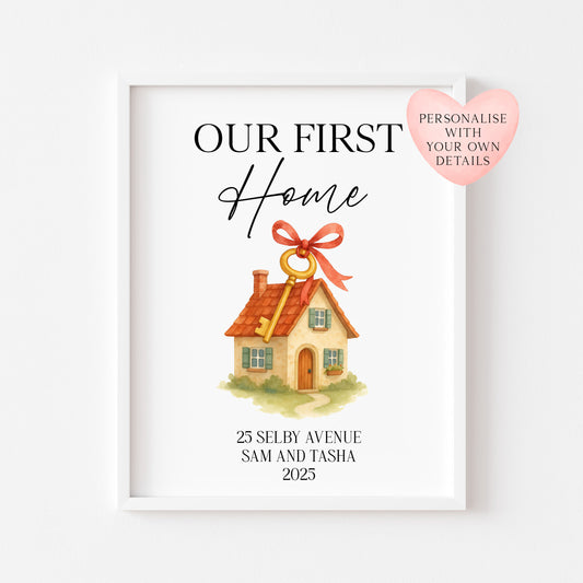 Personalised First / New Home Print red ribbon key New House Gift, Wall Art (unframed)