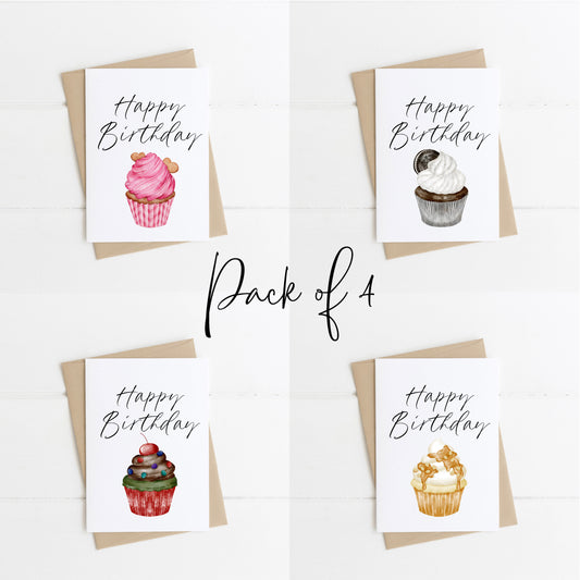 Pack of 4 Happy Birthday individual styles cupcake, birthday cake party cake neutral birthday cards with envelopes,kraft brown or white
