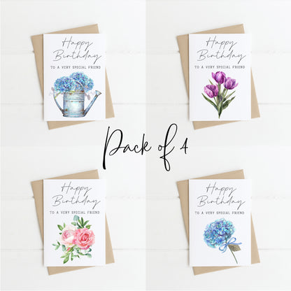 Pack of 4 Happy Birthday individual styles, floral roses hydrangea tulips blue purple pink birthday cards with envelope,kraft brown or white
