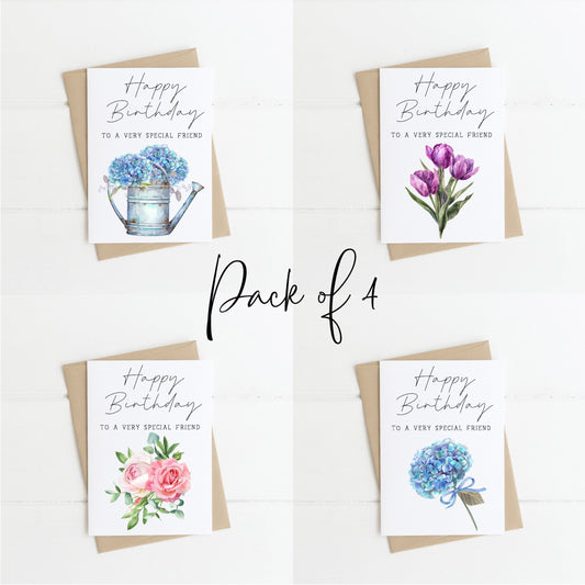 Pack of 4 Happy Birthday individual styles, floral roses hydrangea tulips blue purple pink birthday cards with envelope,kraft brown or white