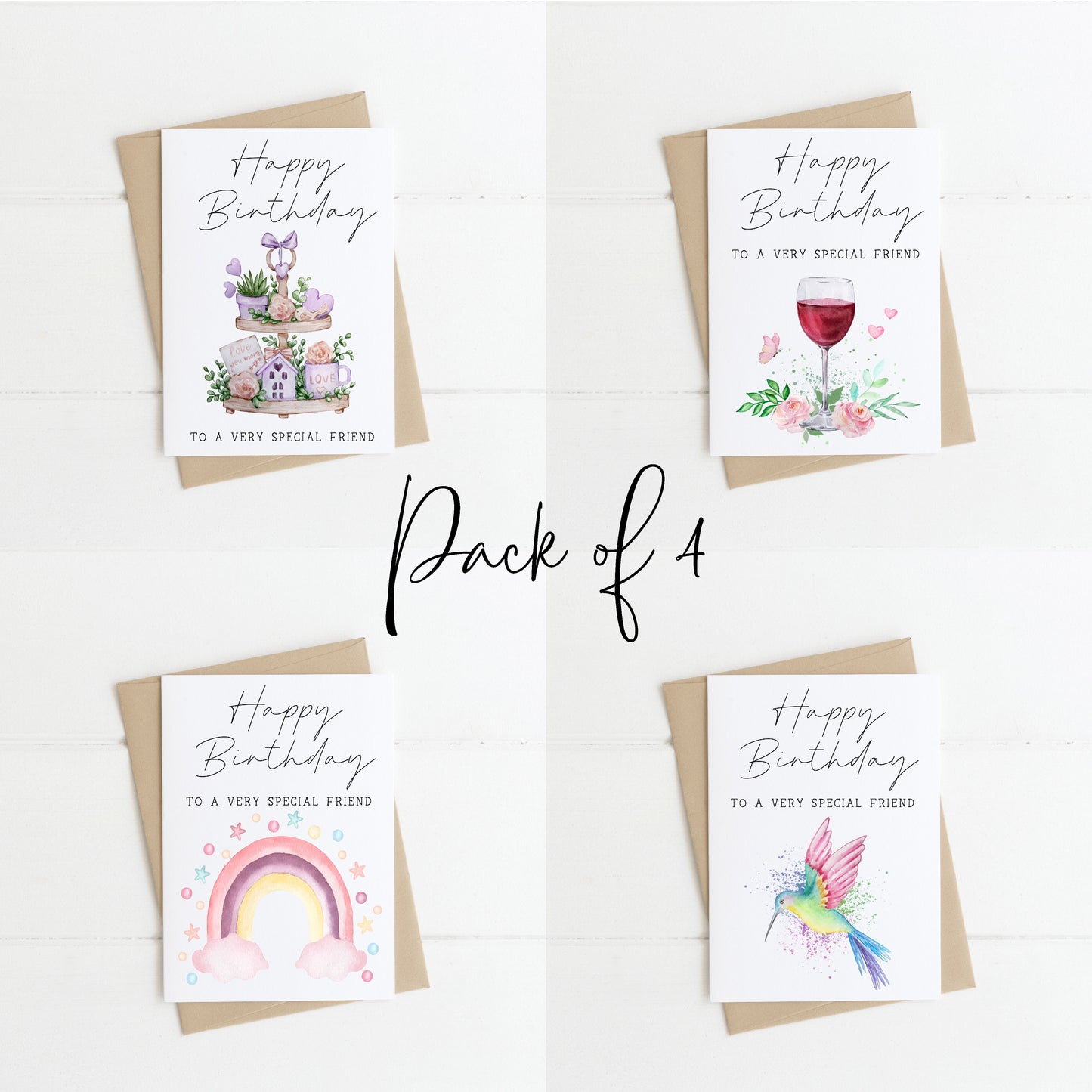 Pack of 4 Happy Birthday individual styles floral rainbow wine hearts humming birds pretty birthday cards with envelope,kraft brown or white