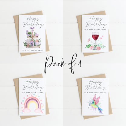 Pack of 4 Happy Birthday individual styles floral rainbow wine hearts humming birds pretty birthday cards with envelope,kraft brown or white