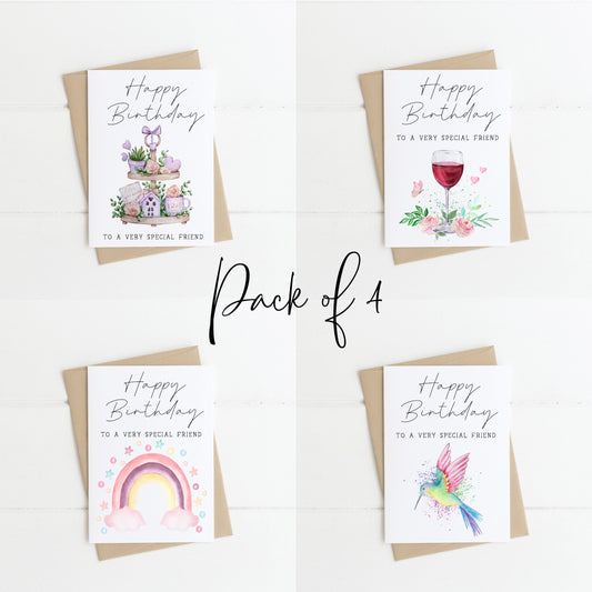 Pack of 4 Happy Birthday individual styles floral rainbow wine hearts humming birds pretty birthday cards with envelope,kraft brown or white
