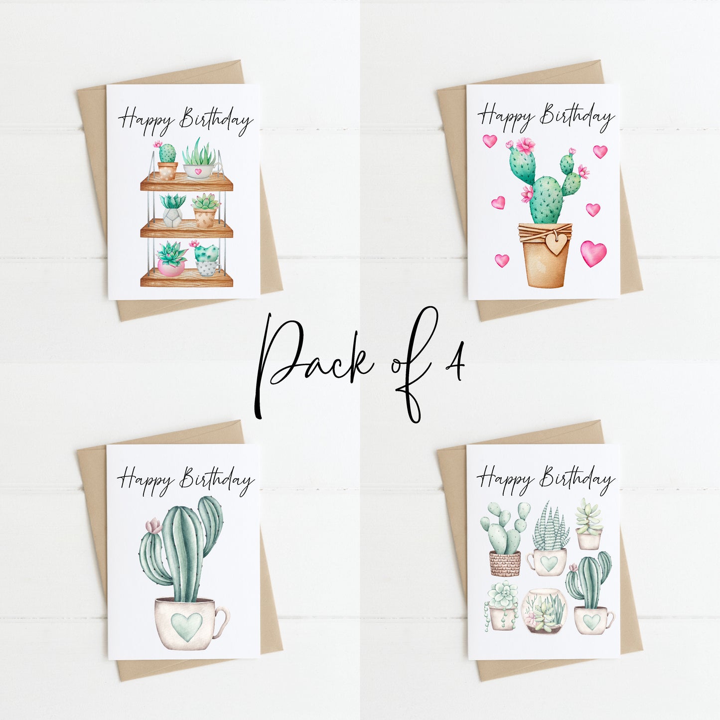 Pack of 4 Birthday cards Plant cactus succulent plant lover plant addict plant birthday pack of 4 cards with envelopes kraft brown/white
