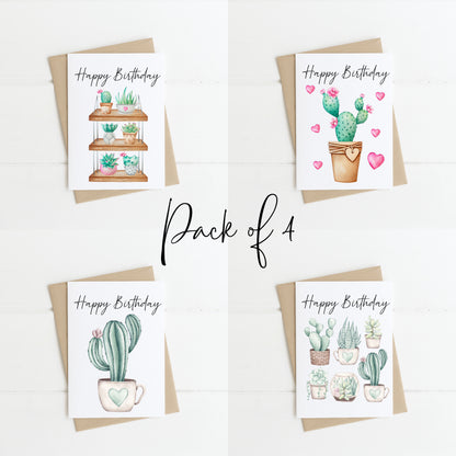 Pack of 4 Birthday cards Plant cactus succulent plant lover plant addict plant birthday pack of 4 cards with envelopes kraft brown/white