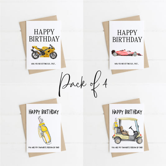 Pack of 4 Happy Birthday individual styles sport mens golf bikes F1 funny pun guys pack of birthday cards with envelope,kraft brown or white