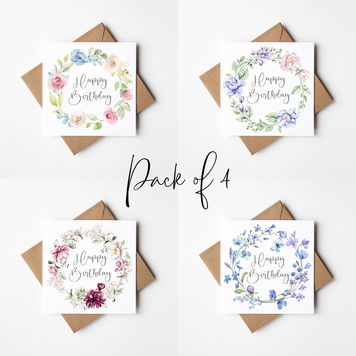 Floral Birthday Cards - pink green blue red floral wreaths - Pack of 4 with envelopes
