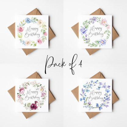Floral Birthday Cards - pink green blue red floral wreaths - Pack of 4 with envelopes