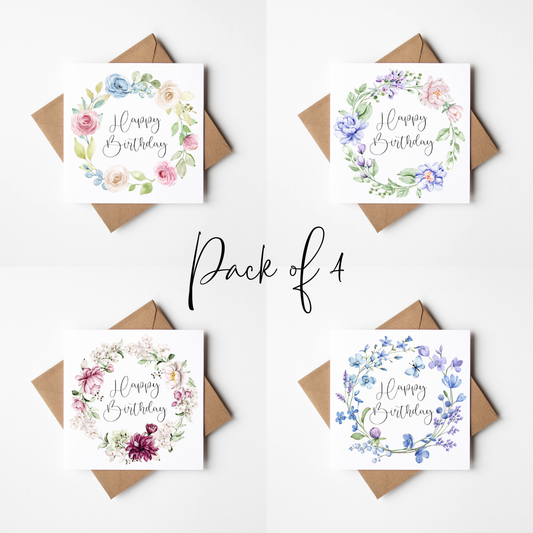 Floral Birthday Cards - pink green blue red floral wreaths - Pack of 4 with envelopes