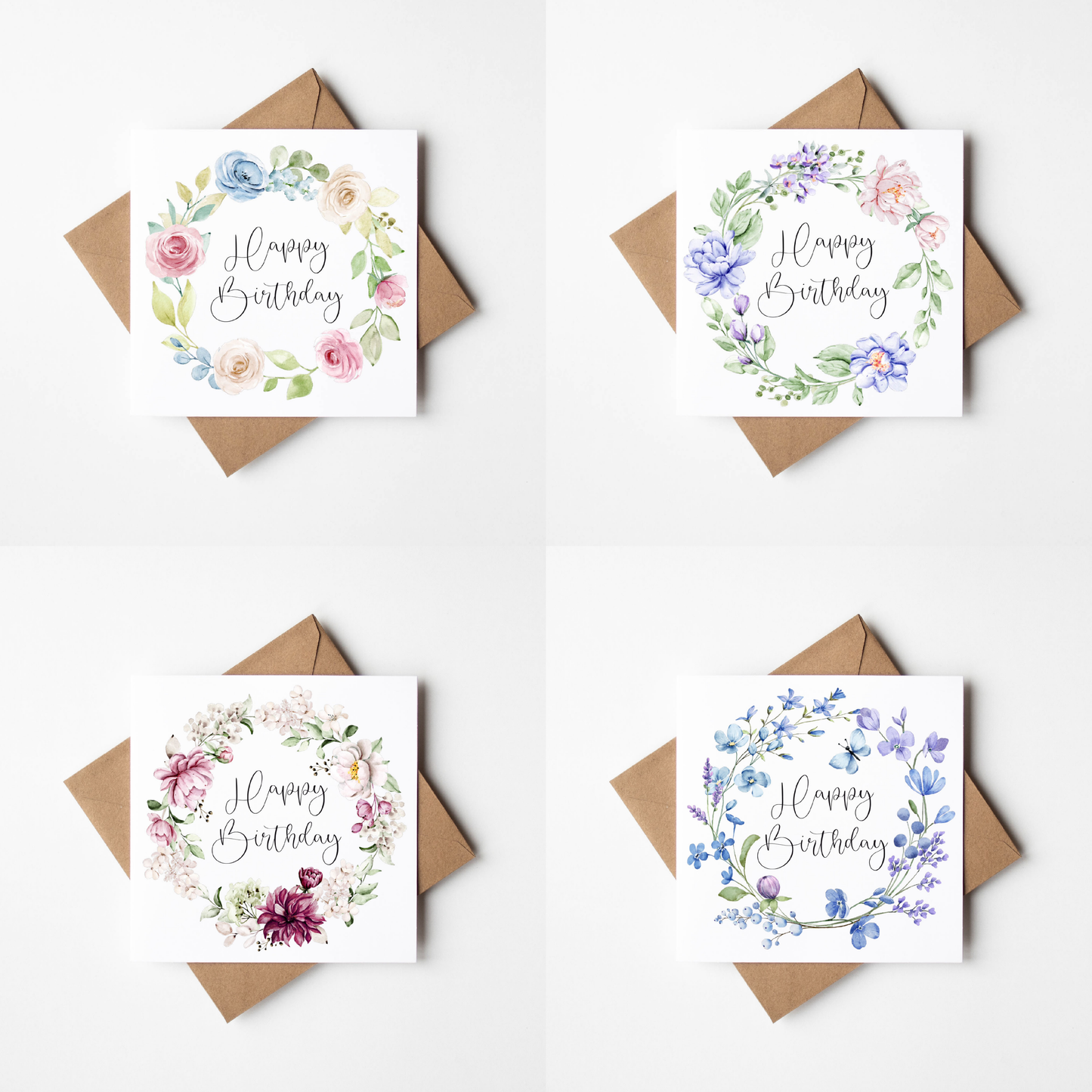 Floral Birthday Cards - pink green blue red floral wreaths - Pack of 4 with envelopes