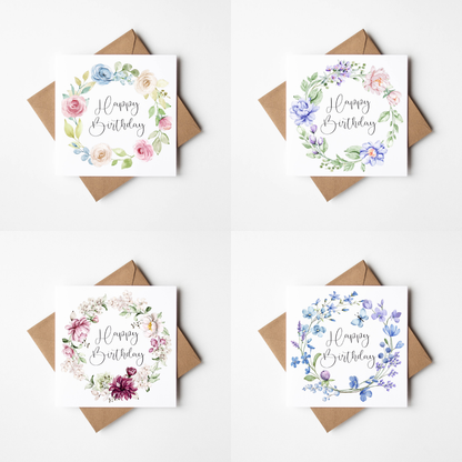 Floral Birthday Cards - pink green blue red floral wreaths - Pack of 4 with envelopes