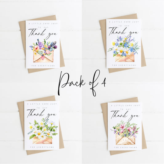 Pack of 4 Thank you cards, a little card to say thank you floral envelope daisy lavender feather watercolour pack of cards with kraft brown or white envelopes