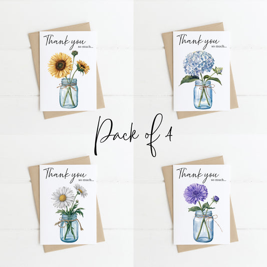 Pack of 4 Thank you cards floral daisy lavender daisy stem flowers watercolour jar pack of cards with envelopes,kraft brown or white
