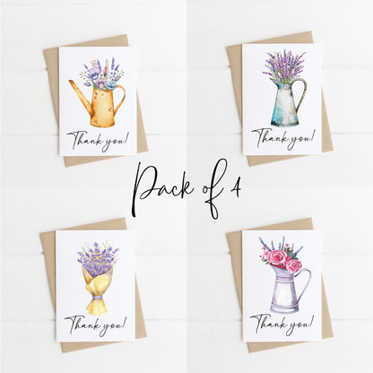 Pack of 4 Thank you cards to say thanks floral daisy lavender watercolour jug bouquet pack of cards with envelopes,kraft brown or white