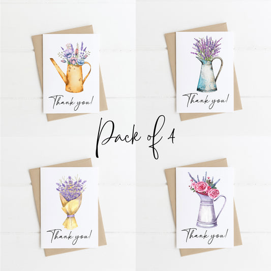 Pack of 4 Thank you cards to say thanks floral daisy lavender watercolour jug bouquet pack of cards with envelopes,kraft brown or white