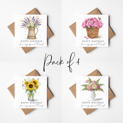 Floral Birthday Cards - Sunflowers, Roses, peonies, lavender flower arrangements - Pack of 4 with envelope