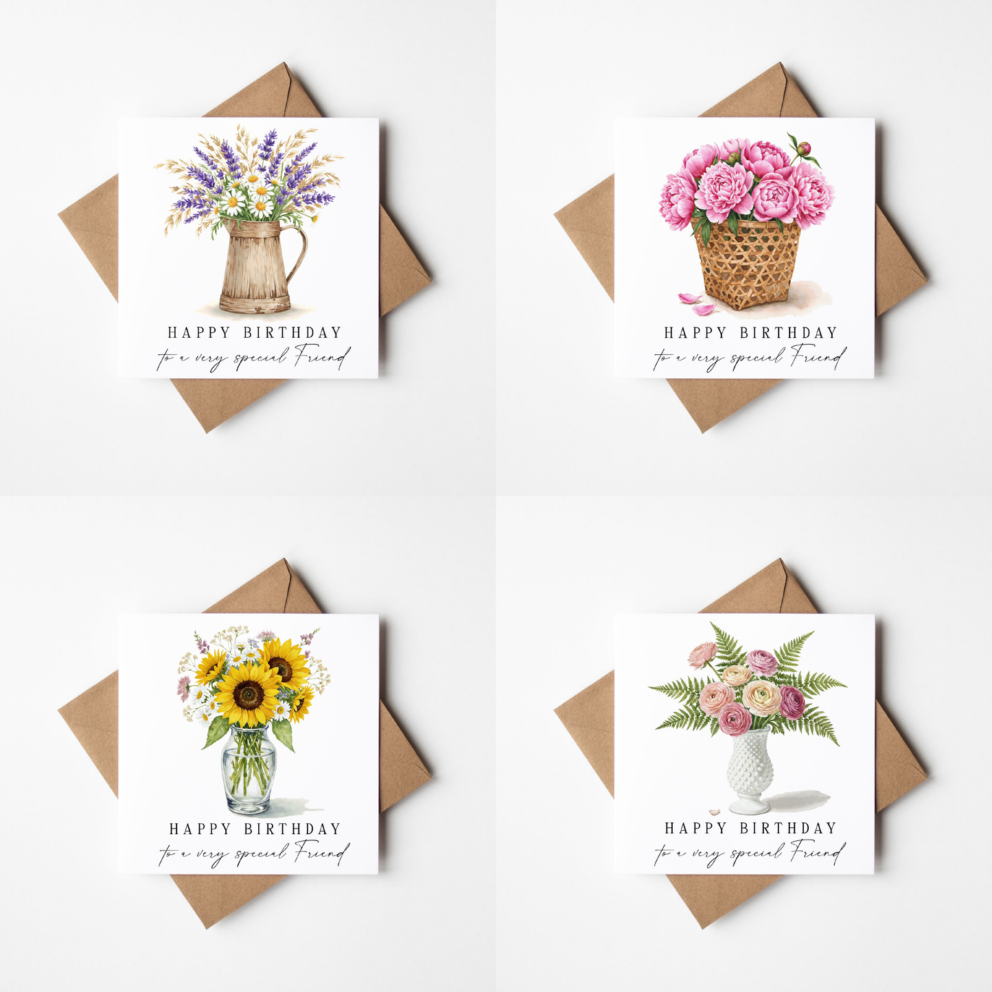 Floral Birthday Cards - Sunflowers, Roses, peonies, lavender flower arrangements - Pack of 4 with envelope