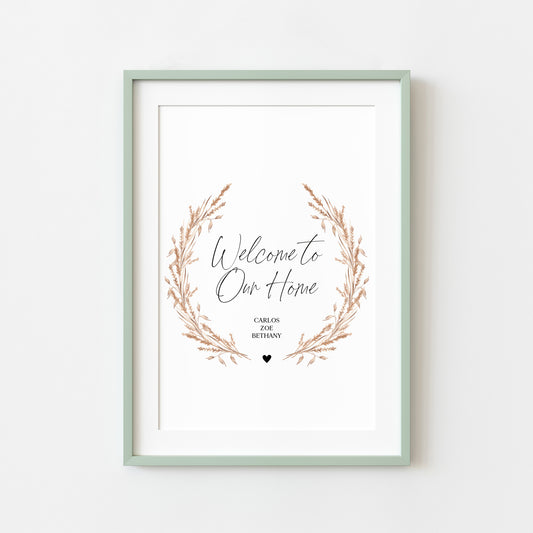 Welcome to our home personalised with your family names pampas wreath unframed wall art poster print