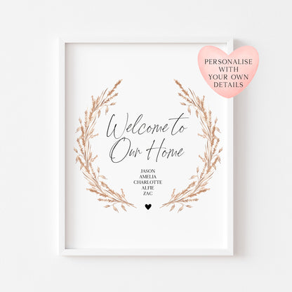 Welcome to our home personalised with your family names pampas wreath unframed wall art poster print