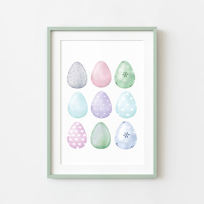 Easter print, Easter eggs collection pastel blue pink & mint seasonal unframed wall art poster print