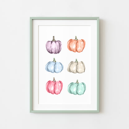 Pastel pumpkins, set of 6 pastel pumpkins watercolour seasonal unframed wall art poster print