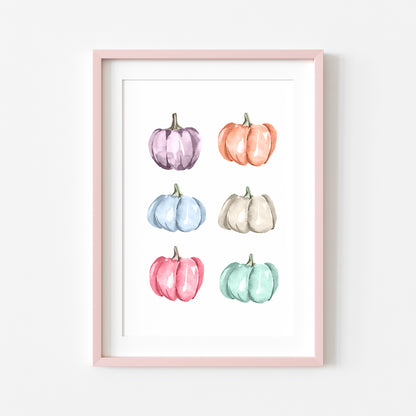 Pastel pumpkins, set of 6 pastel pumpkins watercolour seasonal unframed wall art poster print