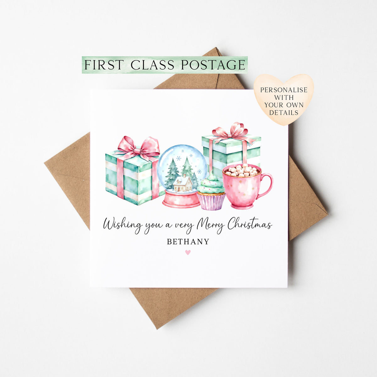 Christmas Card, pastel festive presents & sweet treats seasonal xmas personalised card with envelope