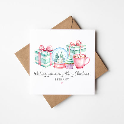 Christmas Card, pastel festive presents & sweet treats seasonal xmas personalised card with envelope