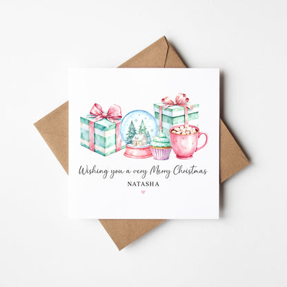 Christmas Card, pastel festive presents & sweet treats seasonal xmas personalised card with envelope