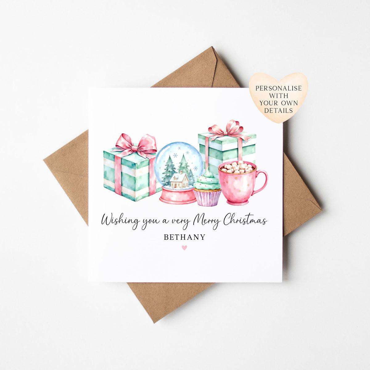 Christmas Card, pastel festive presents & sweet treats seasonal xmas personalised card with envelope