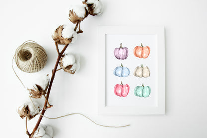 Pastel pumpkins, set of 6 pastel pumpkins watercolour seasonal unframed wall art poster print