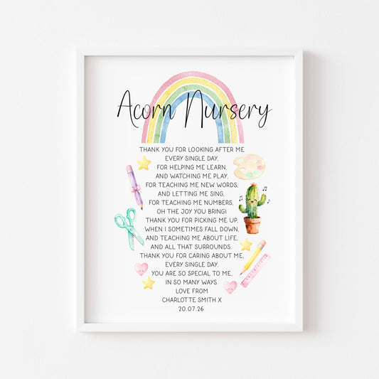 Personalised Nursery Teacher Thank You Poem unframed wall art poster print