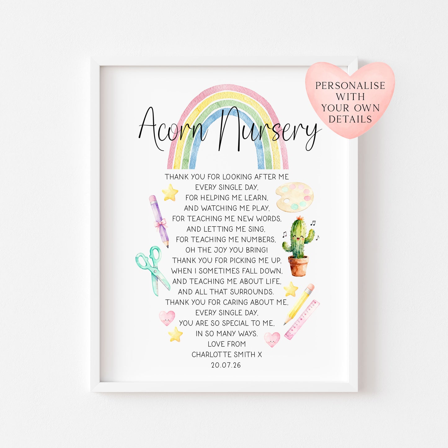 Personalised Nursery Teacher Thank You Poem unframed wall art poster print