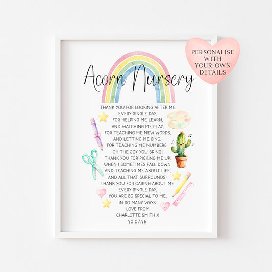 Personalised Nursery Teacher Thank You Poem unframed wall art poster print