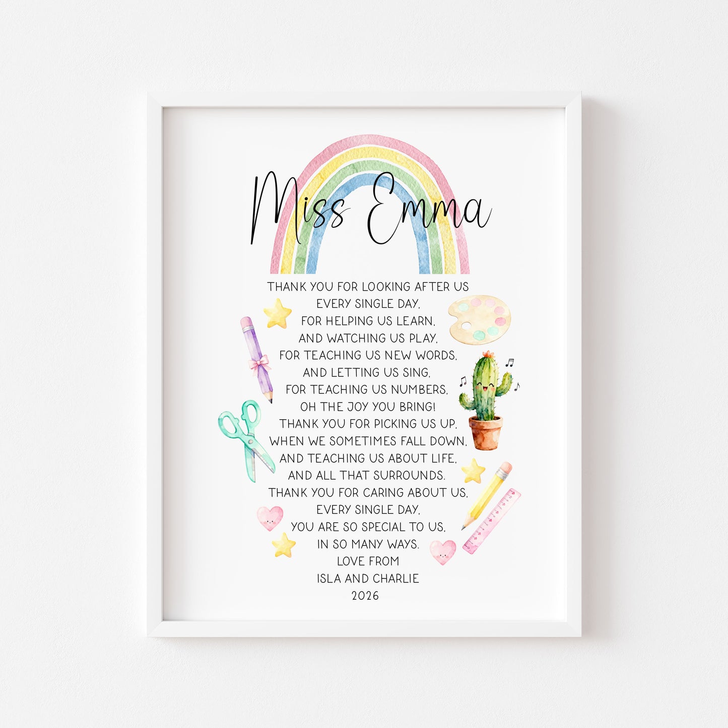 Personalised Nursery Teacher Thank You Poem unframed wall art poster print