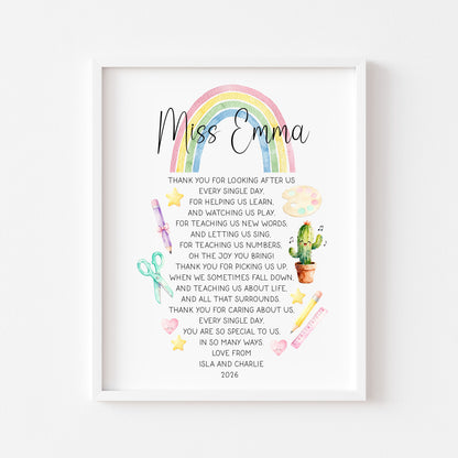 Personalised Nursery Teacher Thank You Poem unframed wall art poster print