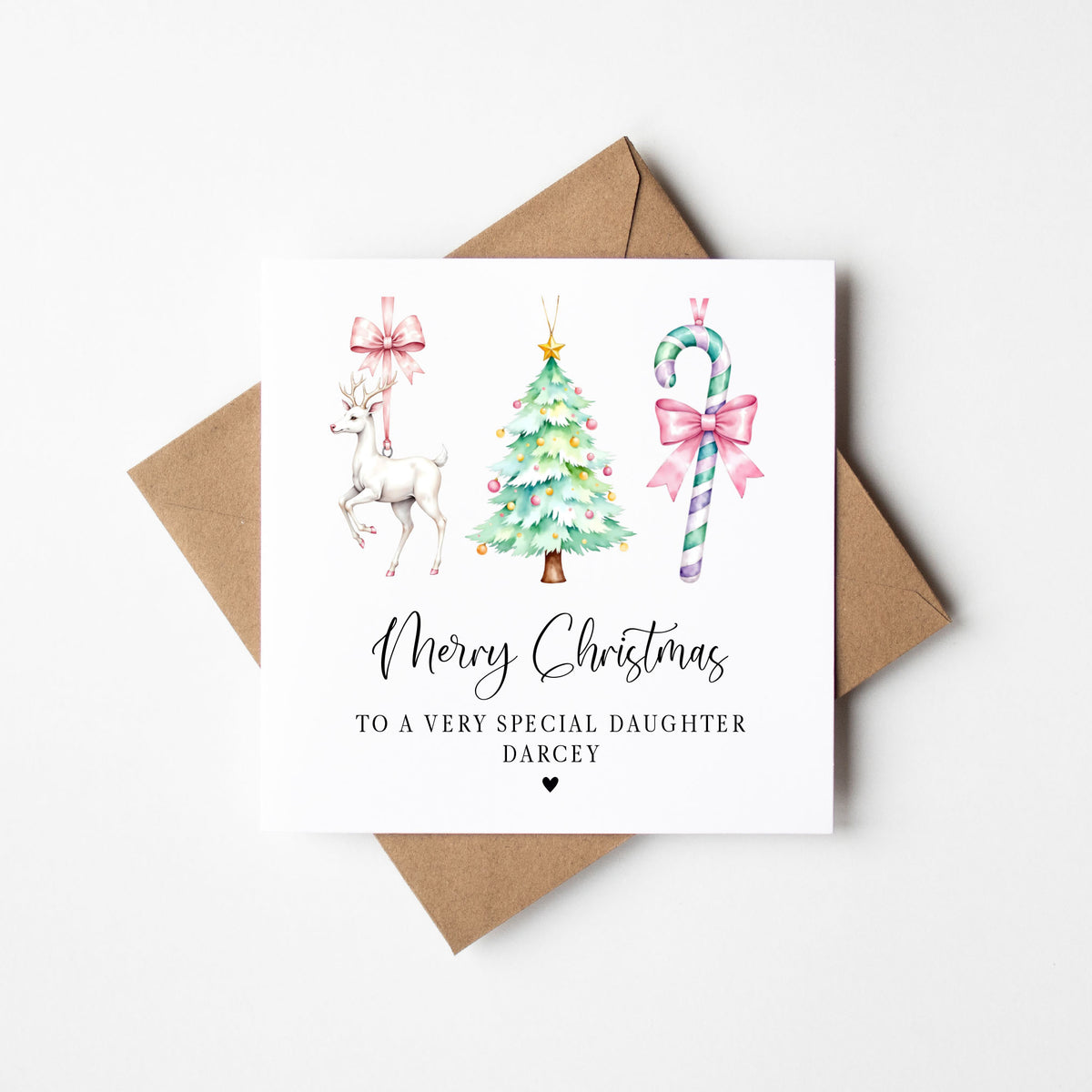 Christmas Card, pastel festive baubles girls seasonal xmas personalised card with envelope
