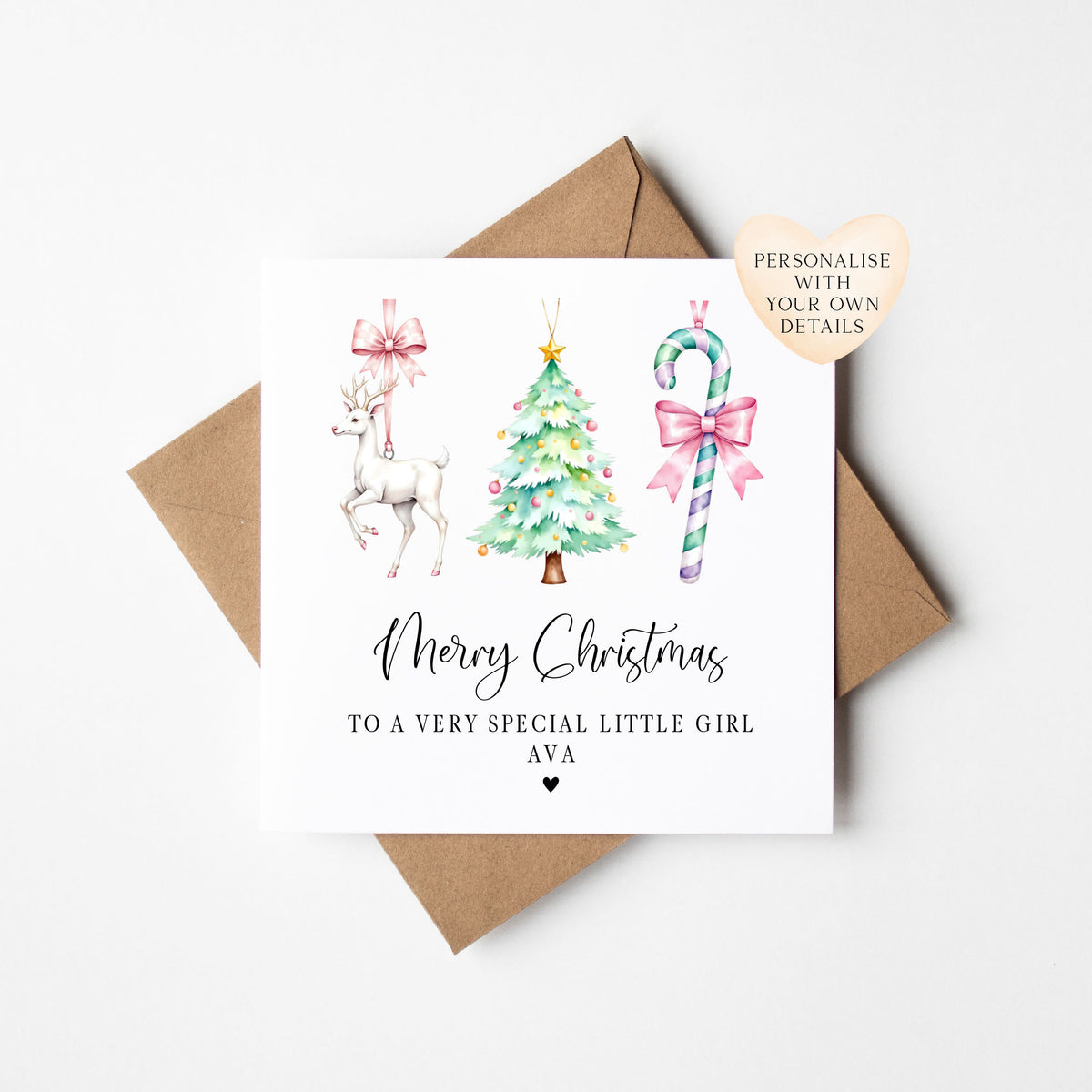 Christmas Card, pastel festive baubles girls seasonal xmas personalised card with envelope