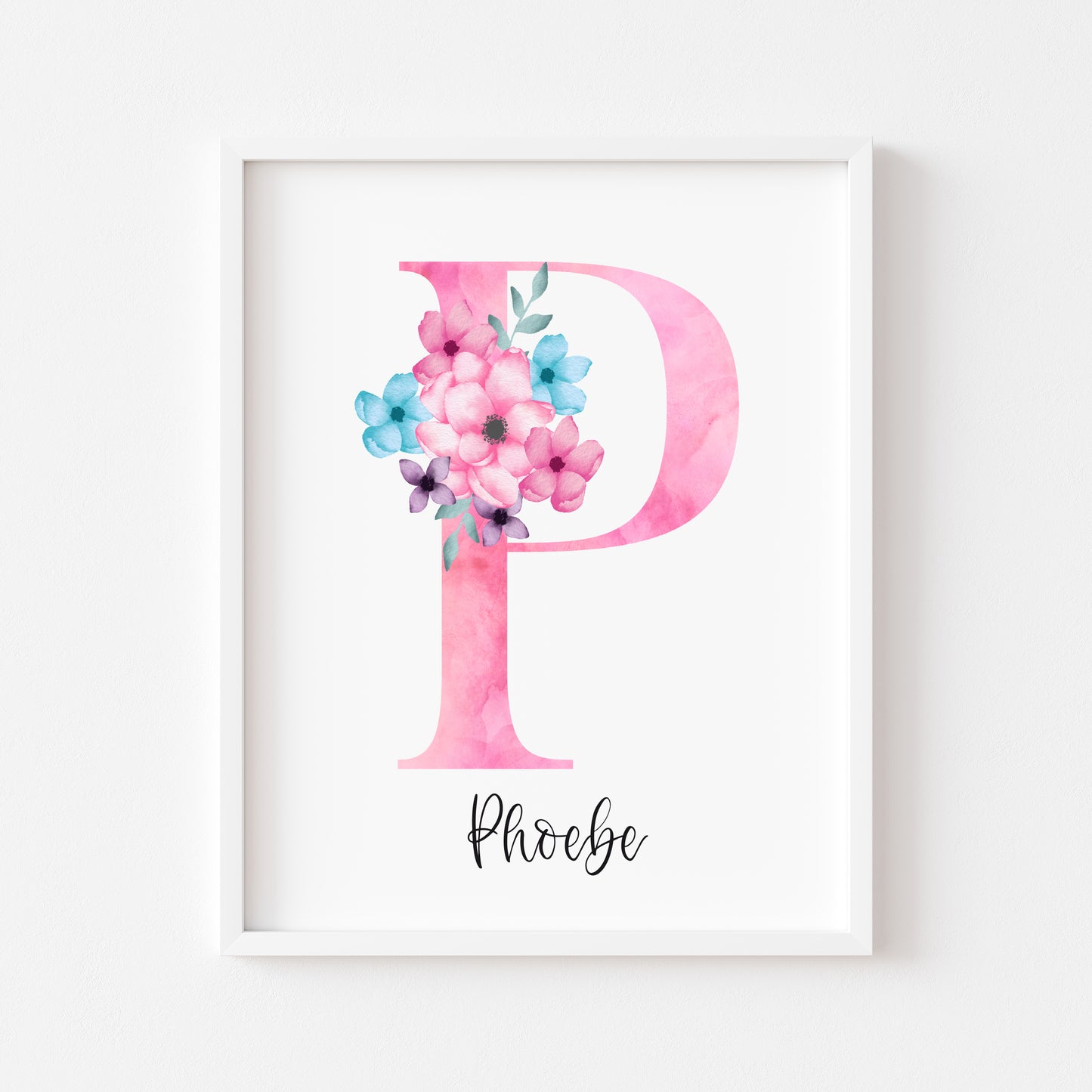 Personalised initial name print, pink & blue watercolour floral initial illustration nursery unframed print