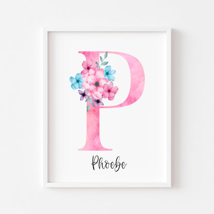 Personalised initial name print, pink & blue watercolour floral initial illustration nursery unframed print