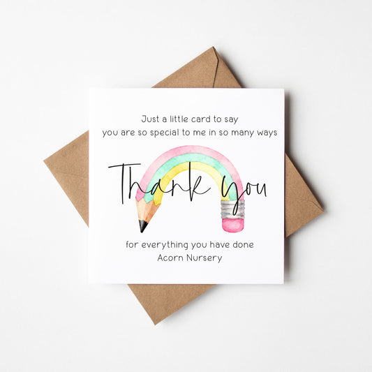 Personalised Watercolour Rainbow Pencil Thank You Teacher Nursery Card