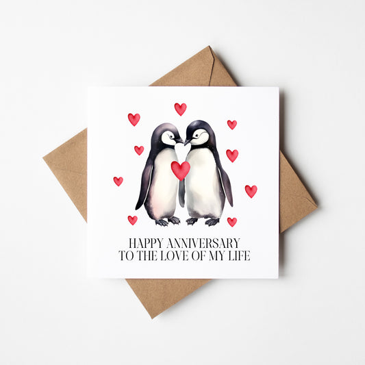 Anniversary card Penguins animal couples red love hearts with card envelope
