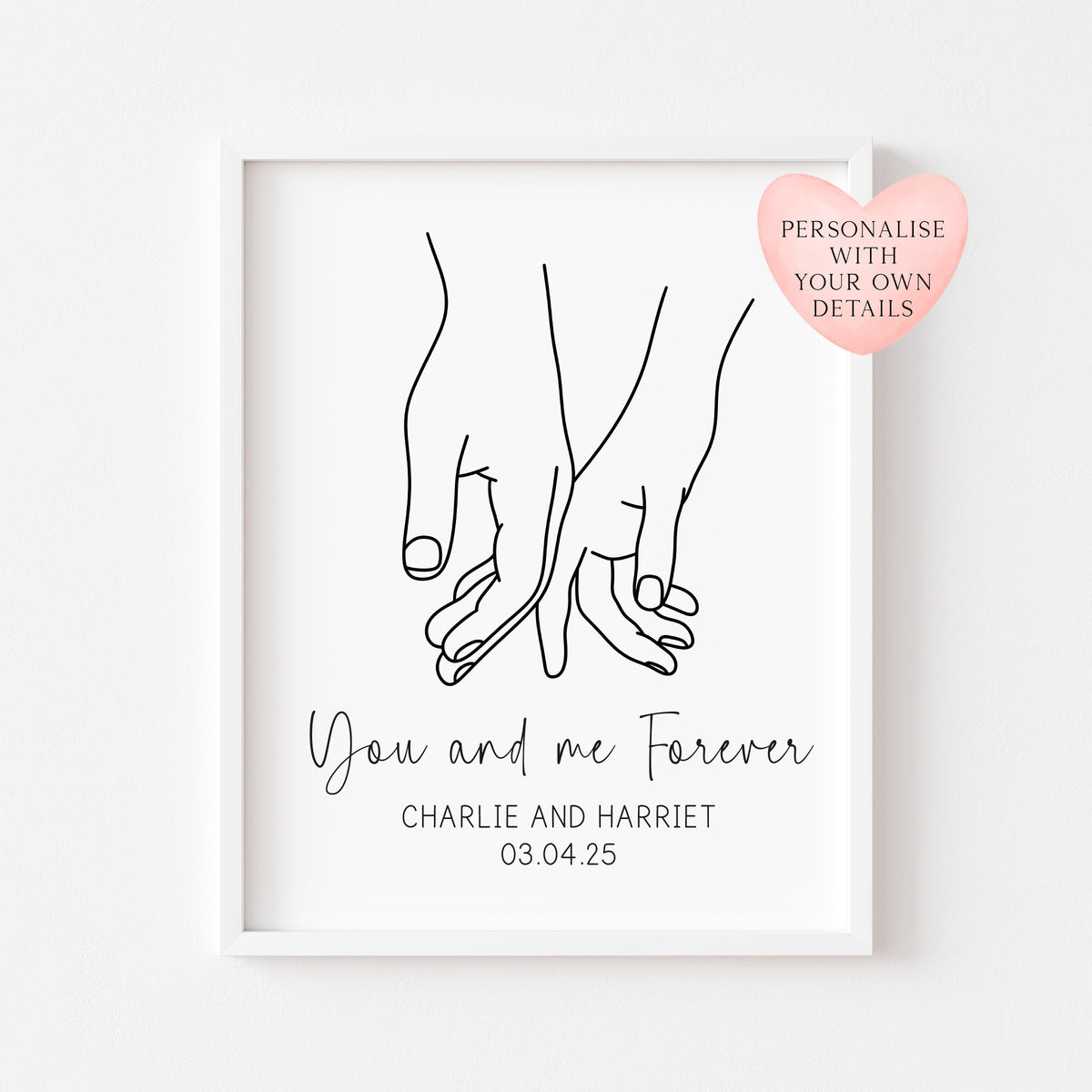 Personalised Couples Print You Me Forever hands lines drawing Wall Art (unframed)