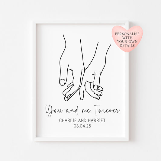 Personalised Couples Print You Me Forever hands lines drawing Wall Art (unframed)