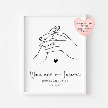 Personalised Couples Print You Me Forever holding hands lines drawing heart Wall Art (unframed)