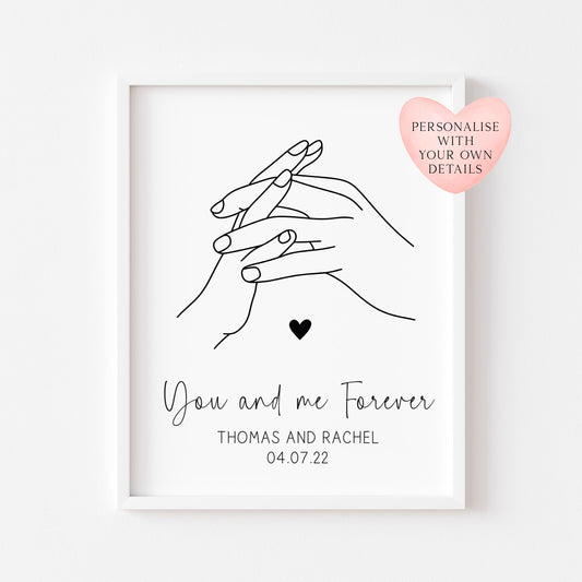 Personalised Couples Print You Me Forever holding hands lines drawing heart Wall Art (unframed)